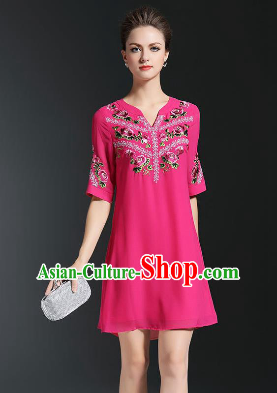 Asian Chinese Oriental Costumes Classical Embroidery Rosy Chiffon Short Dress, Traditional China National Tang Suit Qipao Dress for Women