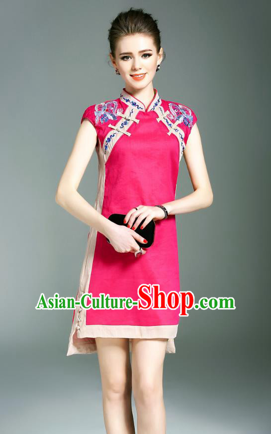 Asian Chinese Oriental Costumes Classical Double-Breasted Embroidery Rosy Cheongsam, Traditional China National Chirpaur Tang Suit Qipao Dress for Women