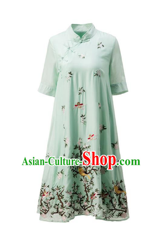 Asian Chinese Oriental Costumes Classical Slant Opening Embroidery Green Cheongsam, Traditional China National Chirpaur Tang Suit Plated Buttons Qipao Dress for Women