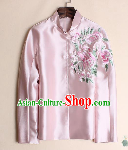 Asian Chinese Oriental Costumes Classical Embroidery Peony Pink Shirts, Traditional China National Chirpaur Tang Suit Upper Outer Garment Jacket for Women