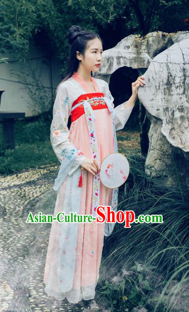 Traditional Asian Oriental China Costume Embroidery Young Lady Fairy Slip Skirts Complete Set, Chinese Hanfu Tang Dynasty Princess Embroidered Dress for Women