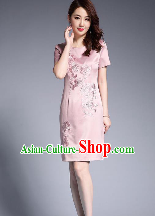 Asian Chinese Oriental Costumes Classical Embroidery Pink Silk Dresses, Traditional China National Chirpaur Tang Suit Qipao for Women