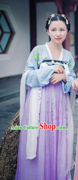 Traditional Asian Oriental China Costume Embroidery Palace Lady Blouse and Skirt Complete Set, Chinese Hanfu Tang Dynasty Princess Embroidered Dress for Women
