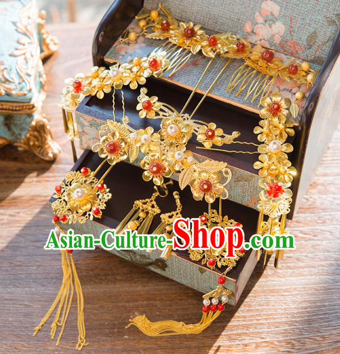 Aisan Chinese Handmade Classical Hair Accessories Phoenix Coronet Complete Set, China Xiuhe Suit Hairpins Red Bead Wedding Headwear for Women