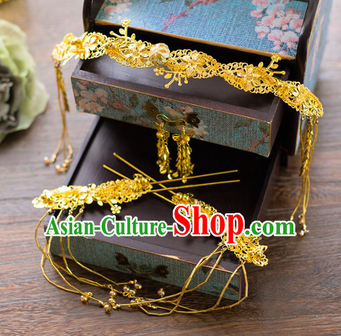 Aisan Chinese Handmade Classical Hair Accessories Tassel Golden Step Shake Complete Set, China Xiuhe Suit Hairpins Wedding Headwear for Women
