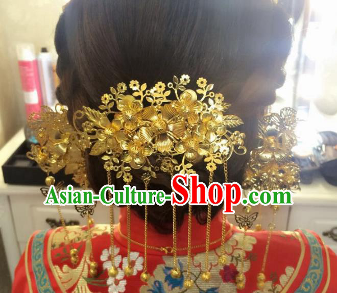 Aisan Chinese Handmade Classical Hair Accessories Tassel Golden Hair Comb, China Xiuhe Suit Hairpins Wedding Headwear for Women