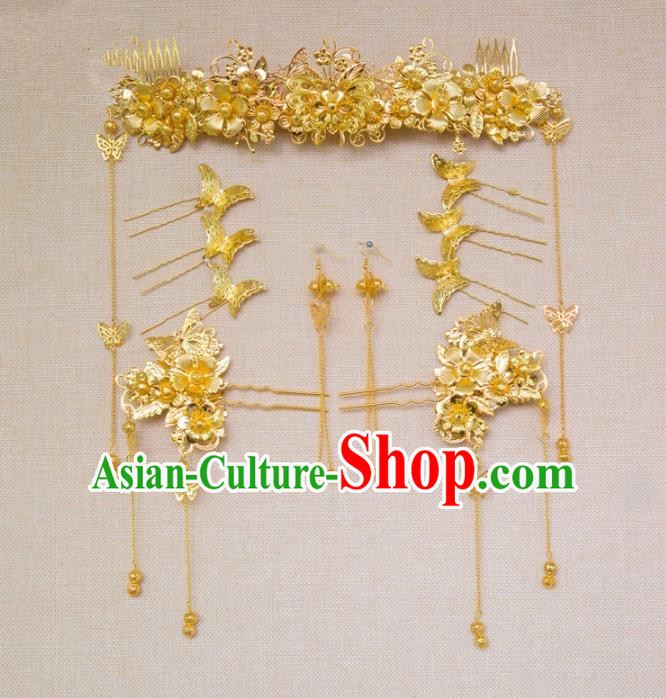 Aisan Chinese Handmade Classical Hair Accessories Tassel Golden Hair Comb Complete Set, China Xiuhe Suit Hairpins Wedding Headwear for Women