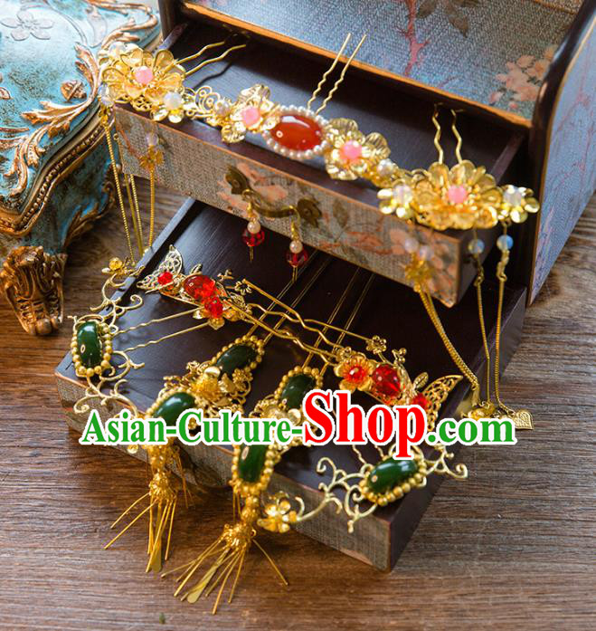 Aisan Chinese Handmade Classical Hair Accessories Tassel Jade Step Shake Complete Set, China Xiuhe Suit Hairpins Wedding Headwear for Women