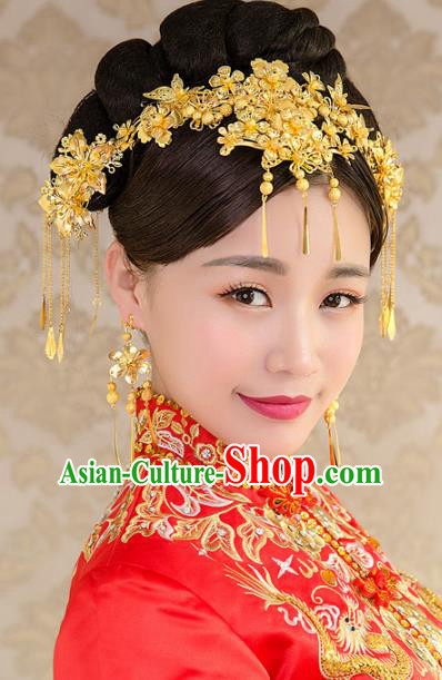 Aisan Chinese Handmade Classical Hair Accessories Golden Phoenix Coronet Complete Set, China Xiuhe Suit Tassel Hairpins Wedding Headwear for Women