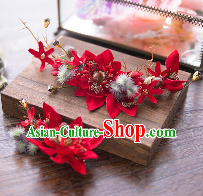 Aisan Chinese Handmade Classical Hair Accessories, China Xiuhe Suit Red Flowers Hair Stick Hairpins Wedding Headwear for Women
