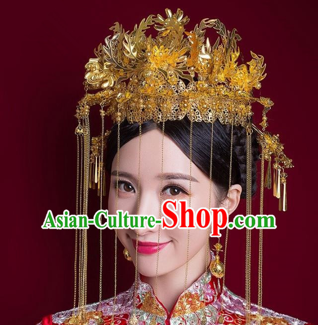 Aisan Chinese Handmade Classical Hair Accessories Phoenix Coronet Complete Set, China Xiuhe Suit Tassel Step Shake Hairpins Wedding Headwear for Women