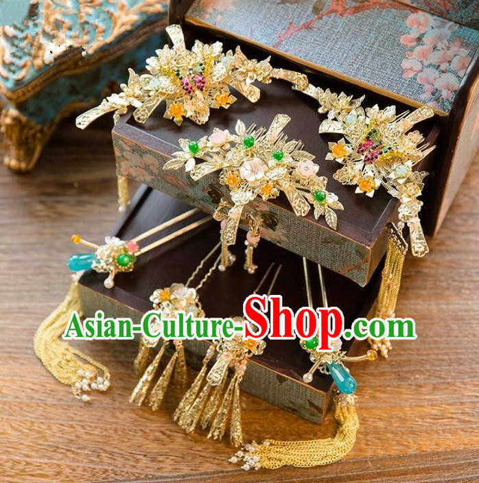 Aisan Chinese Handmade Classical Hair Accessories Blue Jade Hair Comb Complete Set, China Xiuhe Suit Tassel Step Shake Hairpins Wedding Headwear for Women