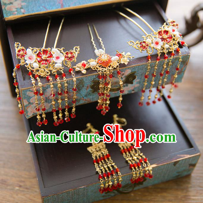 Aisan Chinese Handmade Classical Hair Accessories Red Tassel Hair Comb Complete Set, China Xiuhe Suit Tassel Step Shake Hairpins Wedding Headwear for Women