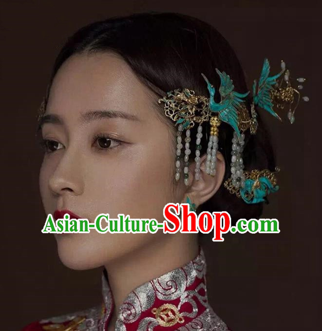 Aisan Chinese Handmade Classical Hair Accessories Hanfu Blueing Phoenix Step Shake, China Xiuhe Suit Tassel Hairpins Wedding Headwear for Women