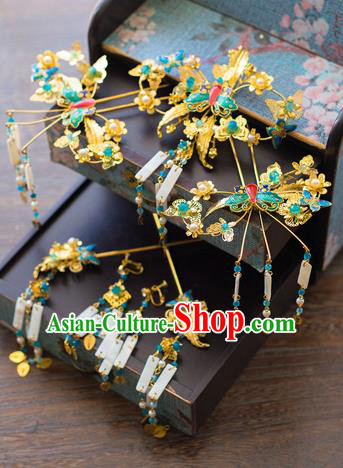 Aisan Chinese Handmade Classical Hair Accessories Green Butterfly Phoenix Coronet Complete Set, China Xiuhe Suit Hairpins Wedding Headwear for Women