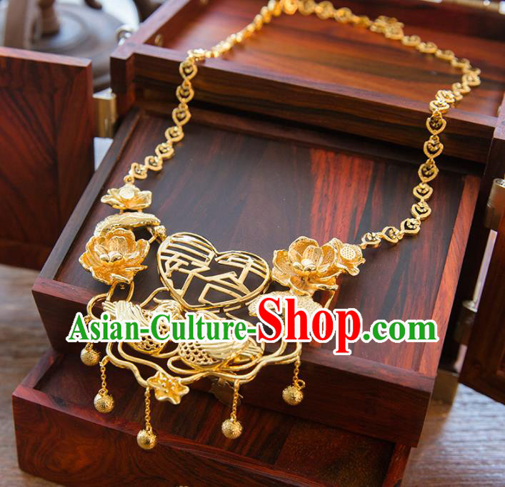 Aisan Chinese Handmade Classical Jewelry Accessories Golden Mandarin Duck Necklace, China Xiuhe Suit Golden Tassel Necklet for Women