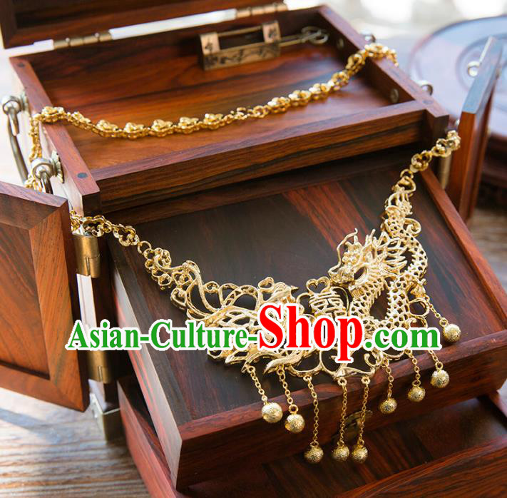 Aisan Chinese Handmade Classical Jewelry Accessories Golden Dragon and Phoenix Necklace, China Xiuhe Suit Golden Tassel Necklet for Women