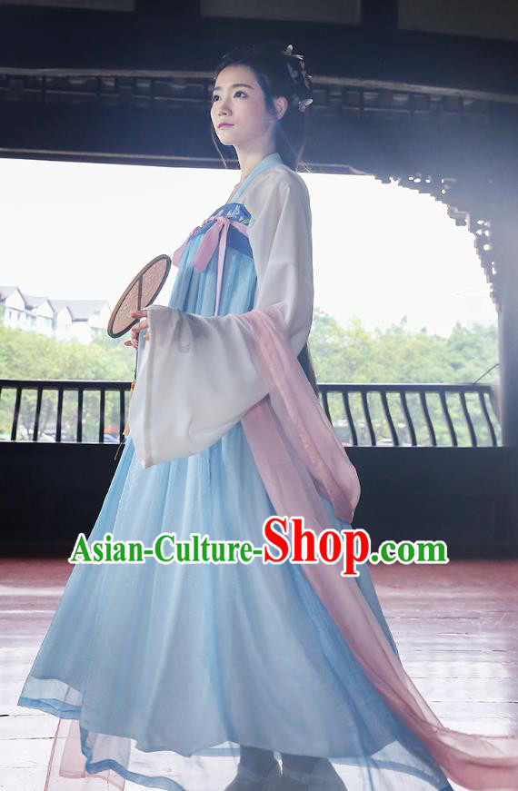 Asian Chinese Oriental Hanfu Costumes Embroidered Blouse and Blue Slip Skirt, Traditional China Tang Dynasty Embroidery Clothing for Women