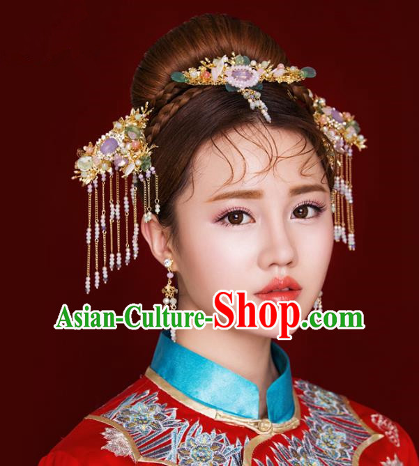 Aisan Chinese Handmade Classical Hair Accessories Purple Tassel Hair Comb Complete Set, China Xiuhe Suit Hairpins Wedding Headwear for Women