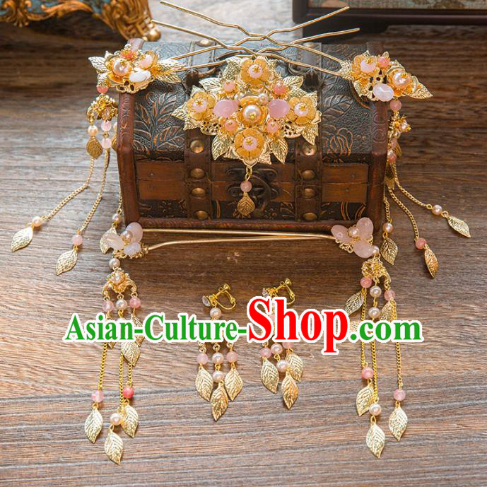 Aisan Chinese Handmade Classical Hair Accessories Pink Beads Tassel Hair Comb Complete Set, China Xiuhe Suit Hairpins Wedding Headwear for Women