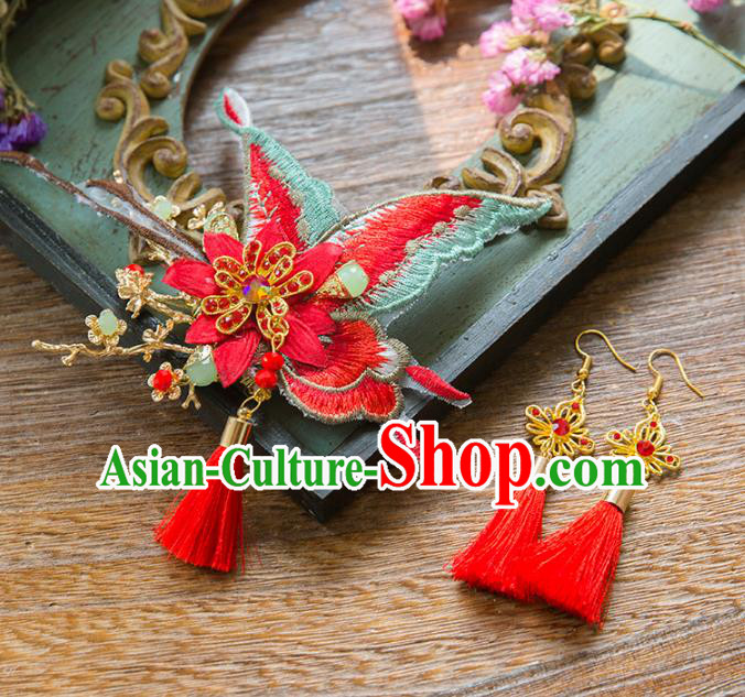 Aisan Chinese Handmade Classical Hair Accessories Red Butterfly Hair Stick and Earrings, China Xiuhe Suit Hairpins Wedding Headwear for Women