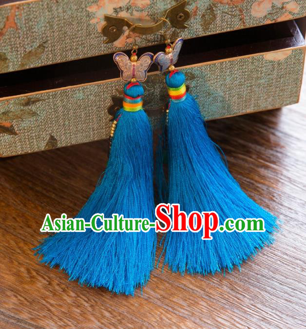 Chinese Handmade Classical Embroidery Butterfly Earrings, China Xiuhe Suit Wedding Light Blue Tassel Eardrop for Women