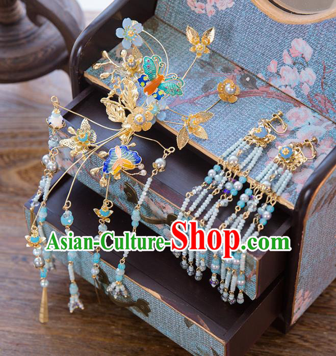 Aisan Chinese Handmade Classical Hair Accessories Hanfu Cloisonne Butterfly Hair Stick, China Xiuhe Suit Hairpins Wedding Headwear for Women