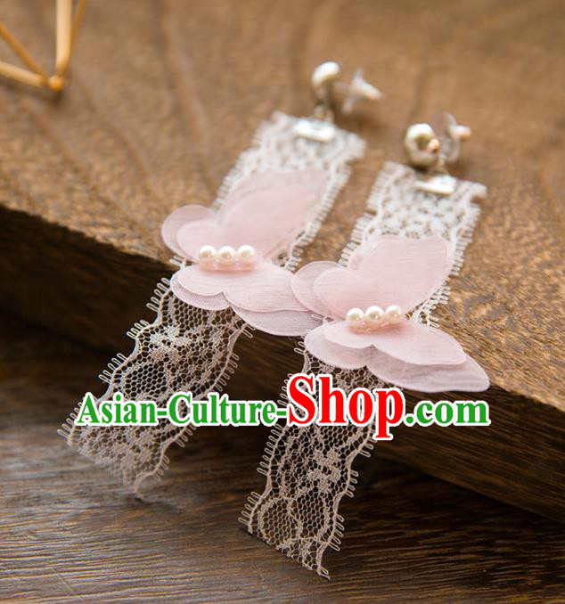 Top Grade Handmade Classical Hair Accessories Baroque Tassel Earrings, Princess Pink Lace Butterfly Eardrop for Women