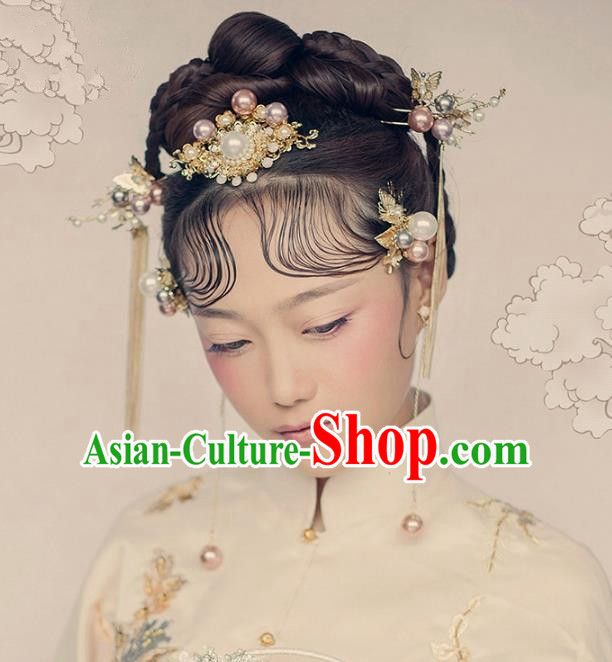 Aisan Chinese Handmade Classical Hair Accessories Hanfu Pearls Hair Comb Complete Set, China Xiuhe Suit Hairpins Wedding Headwear for Women