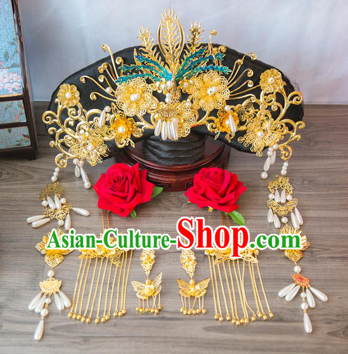 Aisan Chinese Handmade Classical Hair Accessories Hanfu Qing Dynasty Phoenix Coronet, China Manchu Princess Hairpins Headwear Complete Set for Women