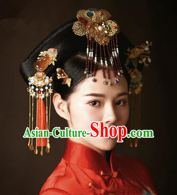 Chinese Handmade Classical Hair Accessories Bride Jade Phoenix Coronet Complete Set, China Xiuhe Suit Hairpins Wedding Headwear for Women