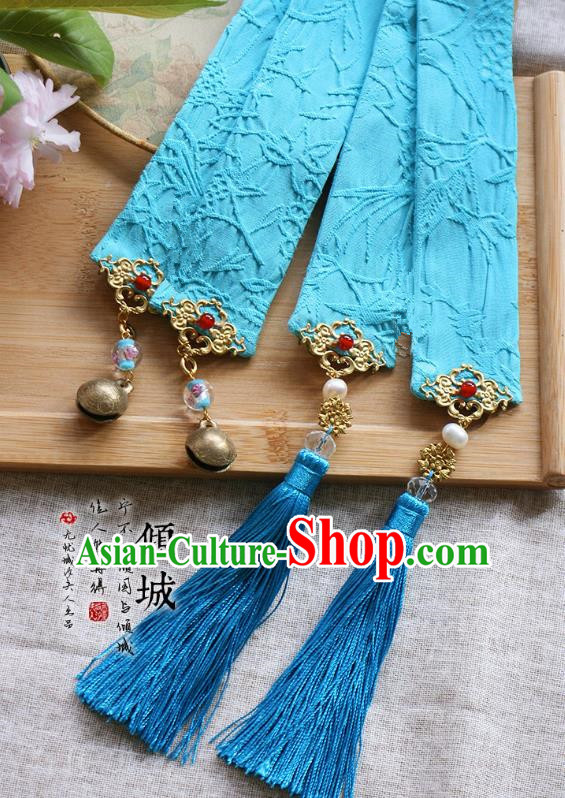 Chinese Handmade Classical Hair Accessories Hanfu Blue Silk Headband, China Ancient Embroidery Bells Hair Clasp Headwear for Women for Men