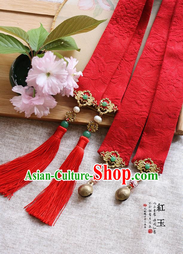 Chinese Handmade Classical Hair Accessories Hanfu Red Silk Headband, China Ancient Embroidery Bells Hair Clasp Headwear for Women for Men