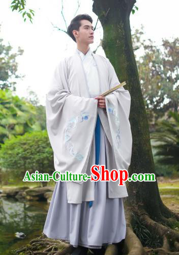 Traditional Asian Chinese Hanfu Scholar Costumes White Embroidered Cloak, China Ji Dynasty Officer Wide Sleeve Embroidered Elegant Robe for Men