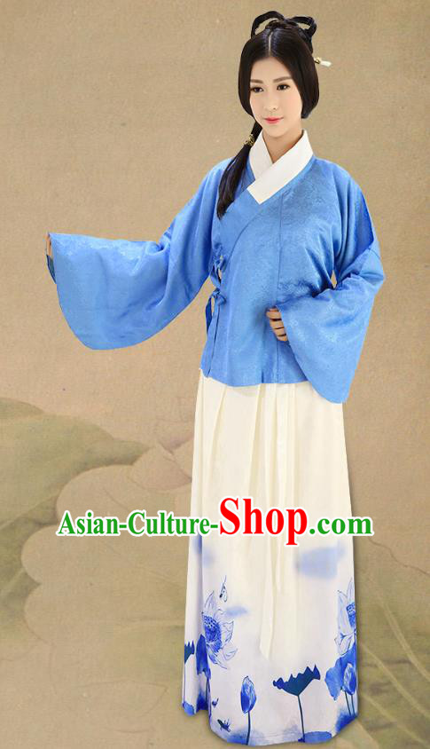 Traditional China Costume Hanfu Blue Blouse and Printing Lotus Skirt Complete Set, Chinese Ming Dynasty Princess Clothing for Women