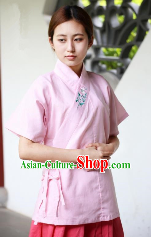 Traditional China Ancient Young Lady Costume Hanfu Pink Embroidered Blouse for Women