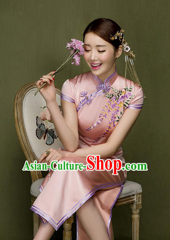 Traditional Ancient Chinese Republic of China Qipao Costume, Chinese Manchu Young Lady Embroidered Pink Cheongsam for Women