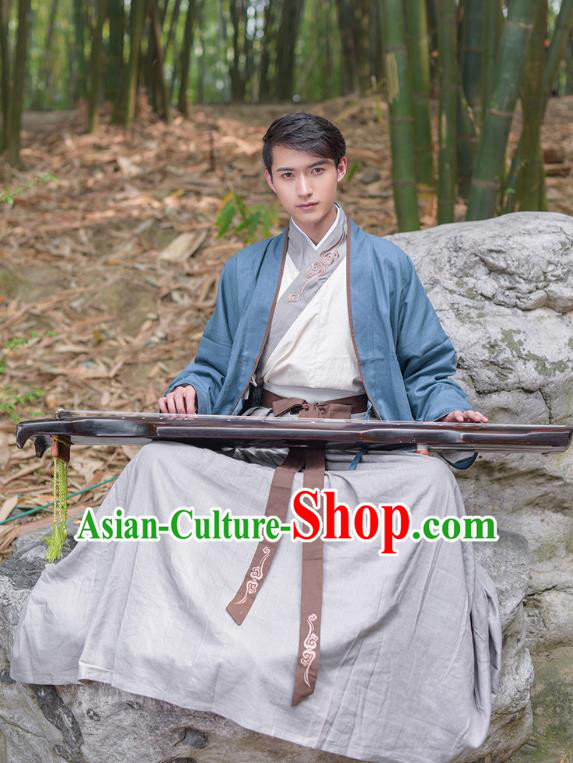 Traditional Chinese Hanfu Costumes Ancient Han Dynasty Swordsman Embroidery Clothing Blue Half-arm Shawl and Robe Complete Set