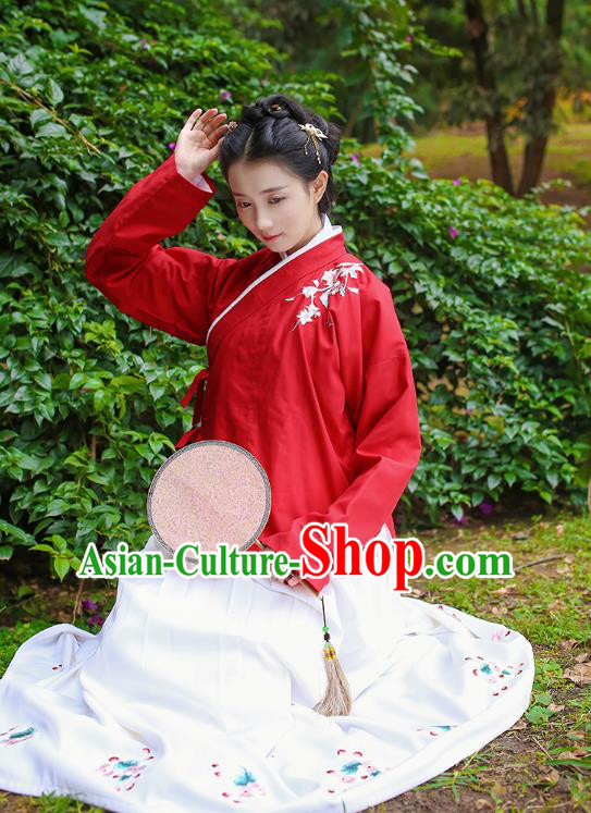 Traditional Chinese Ancient Costumes, Asian China Ming Dynasty Palace Lady Clothing Embroidery Red Blouse and Skirt Complete Set