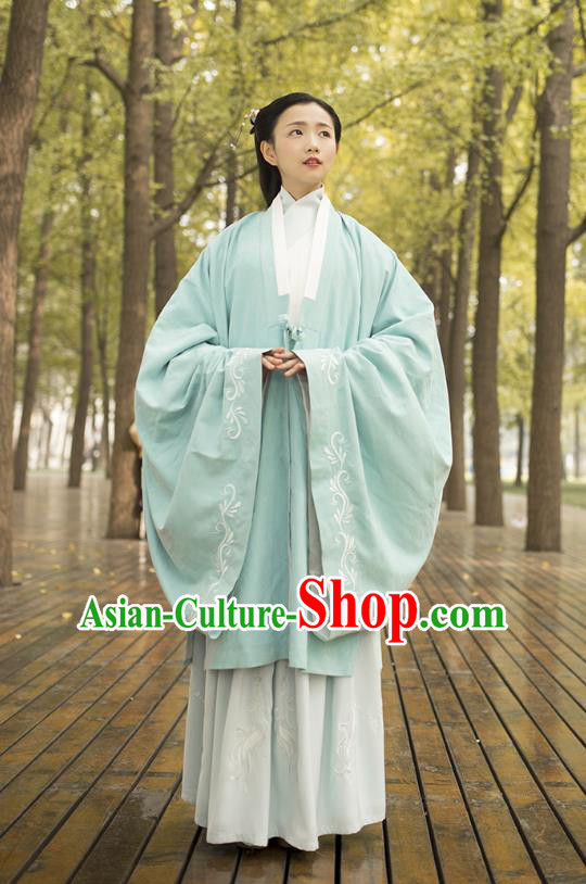 Traditional Chinese Ancient Costumes, Asian China Ming Dynasty Palace Lady Princess Clothing Embroidery Light Green Wide Sleeve Cardigan