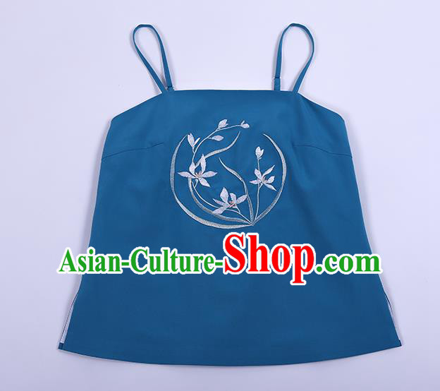 Traditional Chinese Ancient Hanfu Costumes, Asian China Song Dynasty Embroidery Suspenders Vest Blue Bellyband for Women