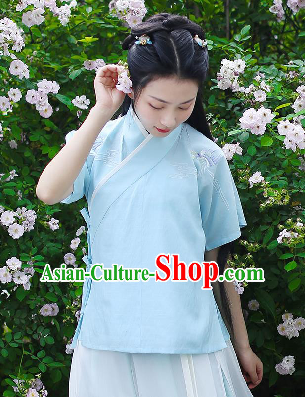 Ancient Chinese Palace Princess Hanfu Costume, Traditional China Song Dynasty Young Lady Clothing Embroidery Blue Blouse