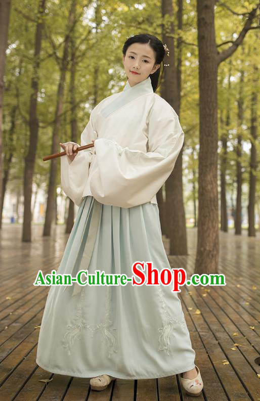 Traditional Chinese Ancient Costumes, Asian China Ming Dynasty Palace Lady Princess Clothing Embroidery White Blouse and Green Skirt Complete Set