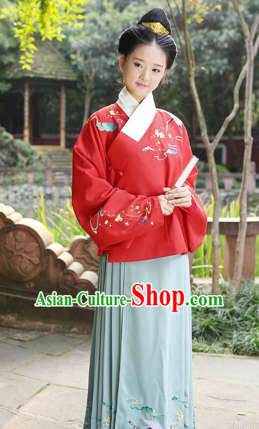 Ancient Chinese Palace Princess Hanfu Costume, Traditional China Ming Dynasty Palace Lady Red Embroidery Crane Blouse and Green Skirt Complete Set