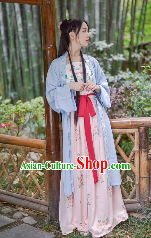 Ancient Chinese Palace Princess Hanfu Costume, Traditional China Ming Dynasty Palace Lady Embroidery Blue Cardigan Blouse and Skirt Complete Set
