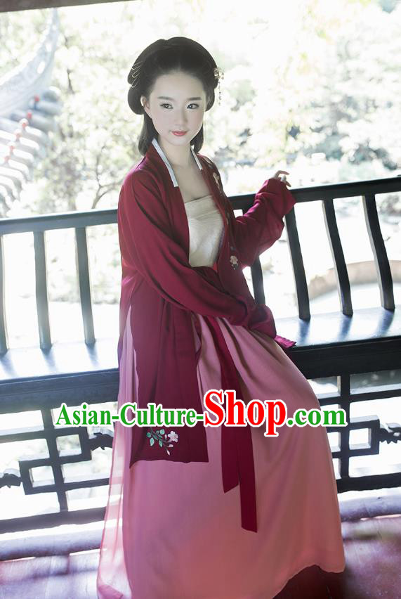 Ancient Chinese Palace Princess Hanfu Costume, Traditional China Song Dynasty Palace Lady Embroidery Red Cardigan Clothing