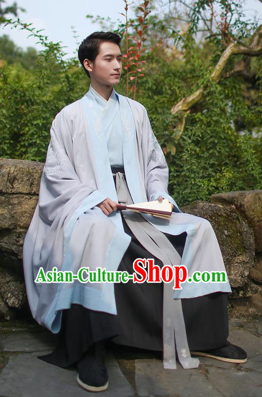 Ancient Chinese Scholar Hanfu Costume, Traditional China Jin Dynasty Embroidery Clothing Grey Long Cloak for Men