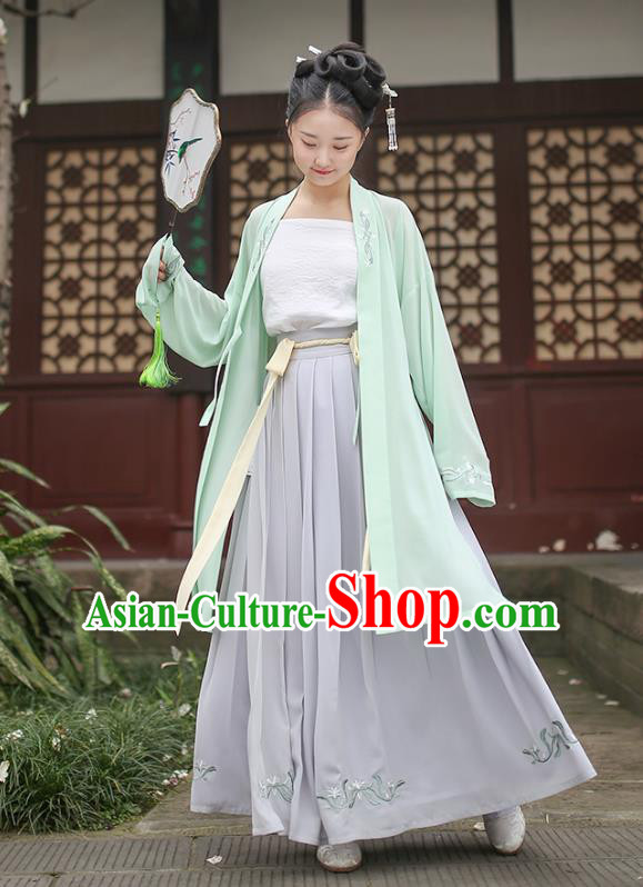 Ancient Chinese Royal Princess Hanfu Costume, Traditional China Song Dynasty Palace Lady Embroidery Green BeiZi and Dress for Women