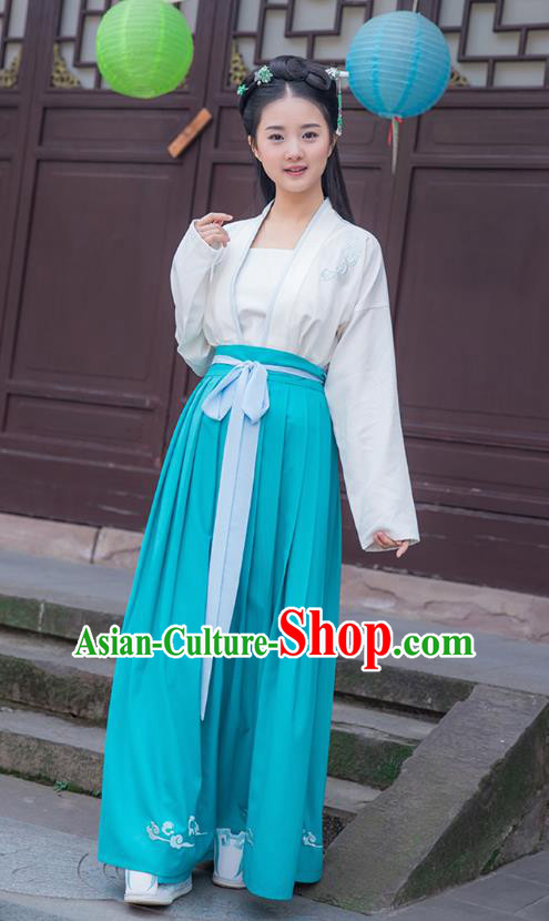 Traditional Chinese Ancient Young Lady Hanfu Costumes, Asian China Han Dynasty Palace Princess Blue Slip Skirts for Women