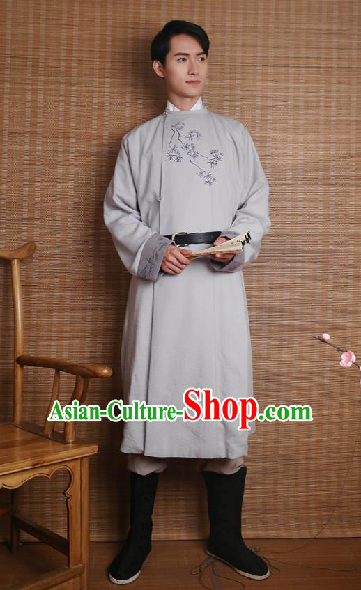Traditional Chinese Ancient Hanfu Costumes, Asian China Ming Dynasty Imperial Guards Embroidery Grey Long Robe for Men